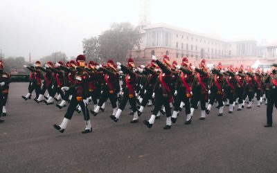 Indian soldiers in ceremonial uniform march during a Republic Day parade.